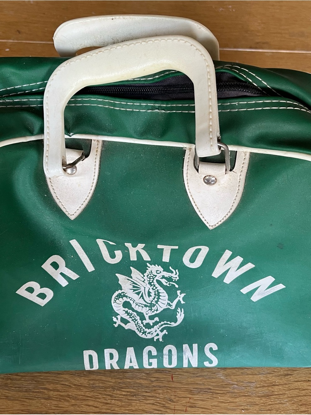 Vintage Bricktown NJ Dragons Green Vinyl Duffel Bag with White Handles